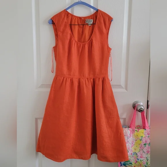J. Crew Linen Cap Sleeve Dress in Orange/Red, Size 0 - Picture 1 of 16